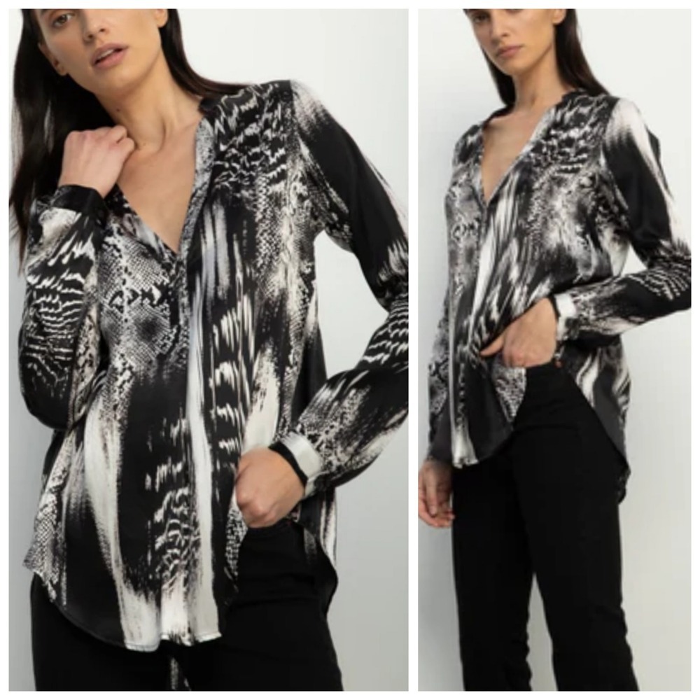Hark + Hammer Womens L Venom Black Plunged Vneck Abstract‎ Long Sleeve Blouse